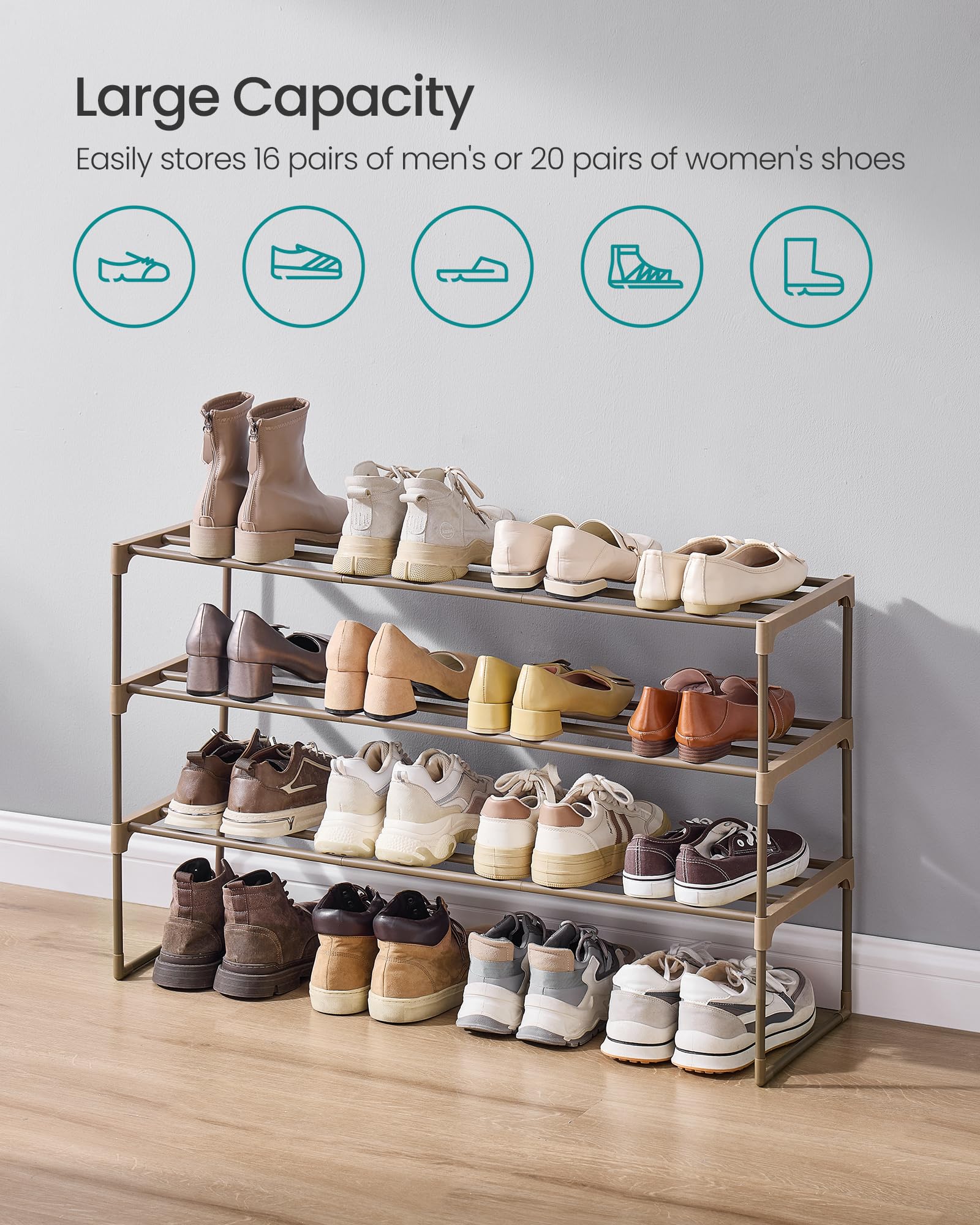 SONGMICS Shoe Rack, 3-Tier Shoe Organizer, Metal Storage Shelf, Upright or Upside Down, for 16-20