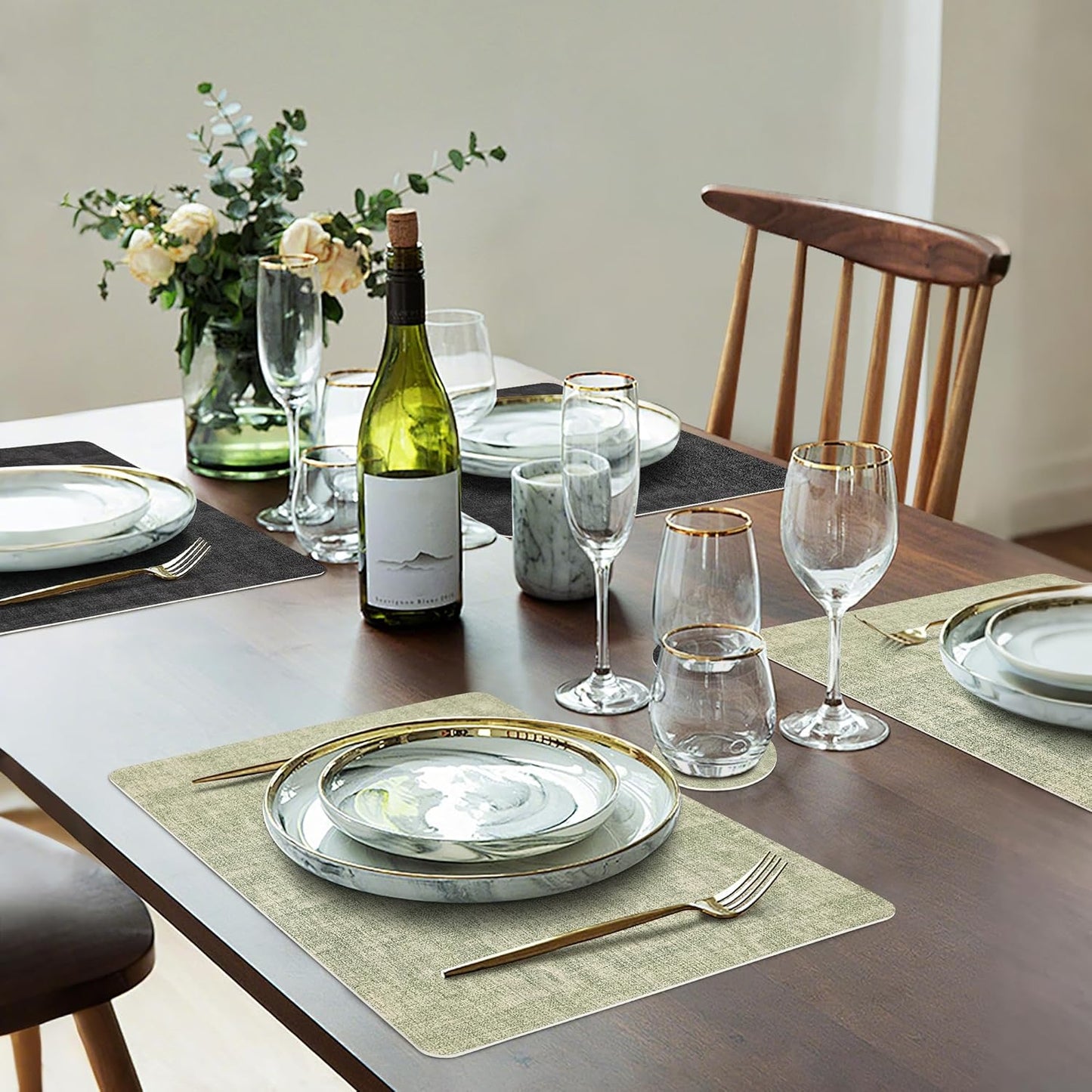 Faux Leather Dual Sided Placemats Set of 4, Square Non-Slip Heat Resistant Placemats with Coaster, Reversible wipeable Waterproof Table Mats for Kitchen, Dining, Outdoor (4, Black Light Green)