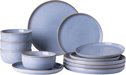 GBHOME Ceramic Dinnerware Sets for 4, 12 Pieces Stoneware Plates and Bowls Sets, Scratch Resistant Dishe Set for Dinner, Dishwasher & Microwave Safe, Brunnera Blue