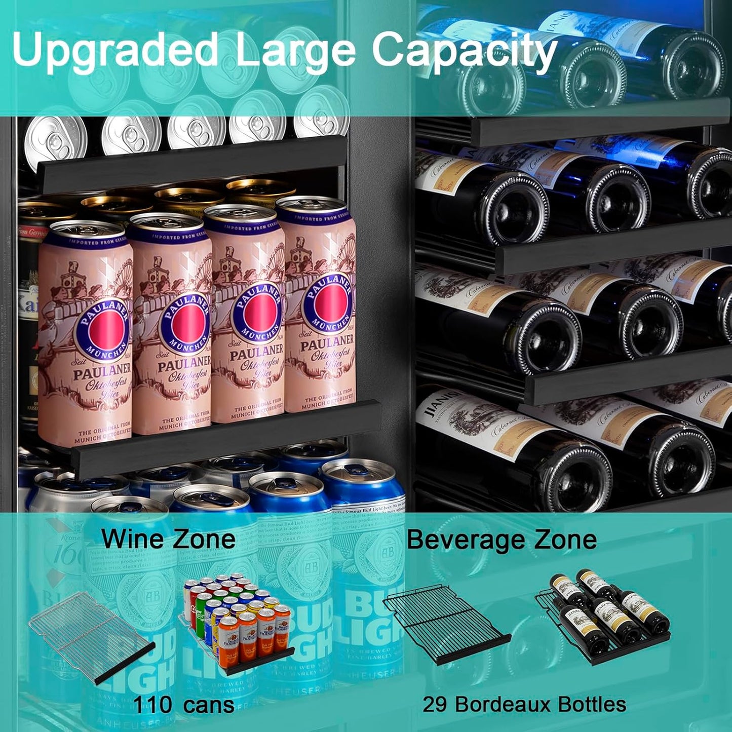 30 Inch Wine and Beverage Refrigerator, Upgrade Dual Zone Wine Cooler, 30'' Wine beverage Fridge Built in or Freestanding Under Counter Large Capacity Glass Door Advanced Cooling System,Black