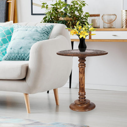 Lightnpro Hand Carved Solid Mango Wood Round Pillar Accent Table - 18" × 22" Rustic Farmhouse Side End Table | VintageRustic Boho Nightstand for Living Room, Bedroom & Entryway