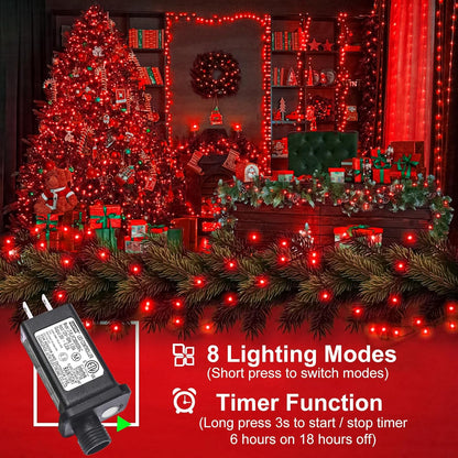 Christmas Lights Outdoor, 66FT 200 LED Christmas Tree Lights with 8 Modes Waterproof, Plug in Green Wire String Twinkle Light for Indoor Bedroom Patio Wedding Holiday Decorations, Red