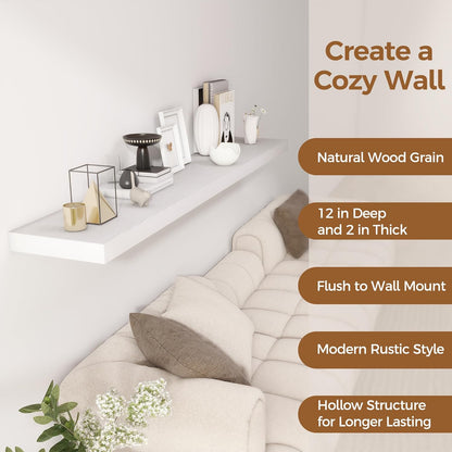 Fun Memories 72 Inch Floating Shelf, 12 Inch Deep Wall Shelf for Fireplace Mantel, Deep Storage Shelves for Home & Office, Wall Shelves with Invisible Bracket, White, Set of 1