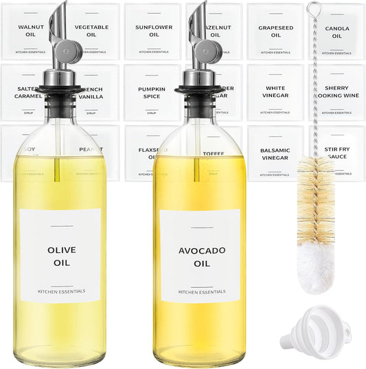 Olive Oil Dispenser Bottle - Includes 55 Kitchen Essential Labels - Cooking Oil Bottles for