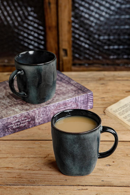 famiware Coffee Mugs Set of 4, Ocean Square 13oz Coffee Cup Set with Handle for Cocoa, Milk, Hot Chocolate, Stoneware Cups for Kitchen, Reactive Glaze, Microwave and Dishwasher Safe, Deep Forest