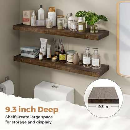 RICHFOCUS Elm Floating Shelves for Wall - 40" W x 9.3" D Rustic Solid Wood Shelves with Invisible Bracket, Wall-Mounted for Living Room, Bedroom, Kitchen Storage & Display, Set of 2, Walnut