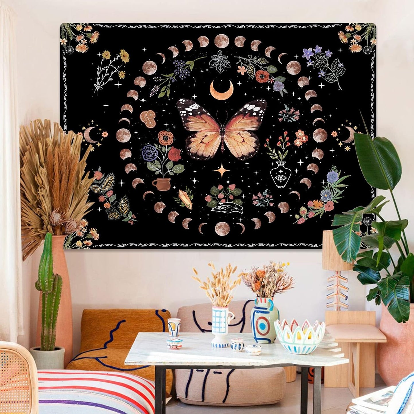 Fowocu Orange Butterfly Moon Flower Tapestry Boho Floral Plant Tapestries for Bedroom Aesthetic Tapastry's Wall Hanging Mandala Botanical Wall Tapestry for Living Room Dorm (Yellow, 60'' × 44'')