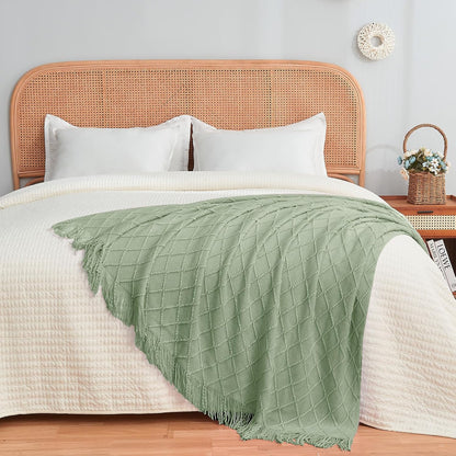 inhand Sage Green Throw Blanket for Couch, Soft Living Room Home Decor Knitted Twin Size Blanket, Outdoor Lightweight Breathable Summer Blanket, Farmhouse Warm Woven Decorative, 60"x80"