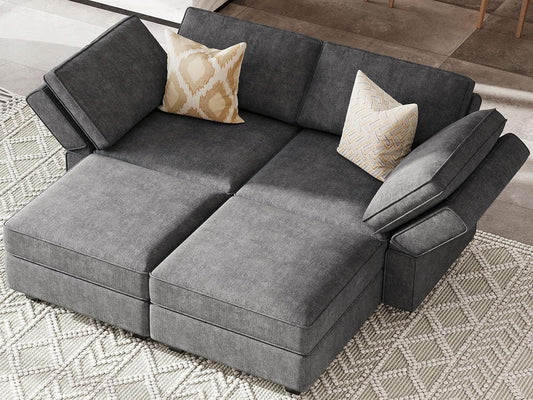 Bellfin Modular Sectional Sleeper Sofa Convertible Sofas with Storage Ottomans Small Sectional Couches for Living Room. Dark Grey Couch