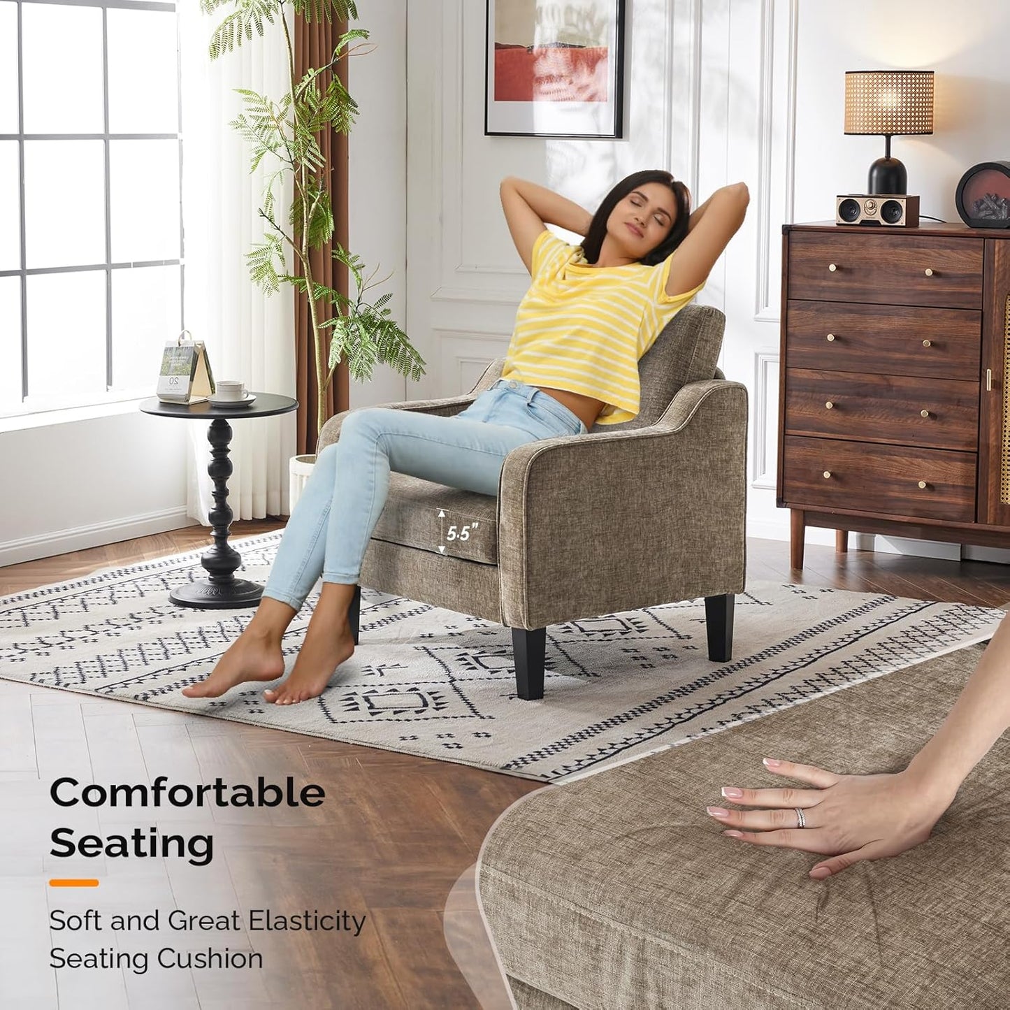 VINGLI Accent Chair for Living Room Chairs Light Brown Reading Chair for Bedroom Scooped Arm Chair Mid Century Modern Accent Chairs Upholstered Comfy Chair for Apartment, Waiting Room