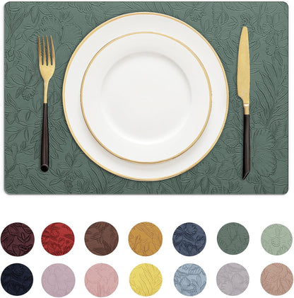 Romanstile Vinyl Placemats Set of 4-12 X 18 Inch - Heat Resistant Non-Slip Embossed Floral Place Mats 100% Waterproof Oilproof Wipeable Faux Leather Table Mats for Kitchen/Dining/Party, Green