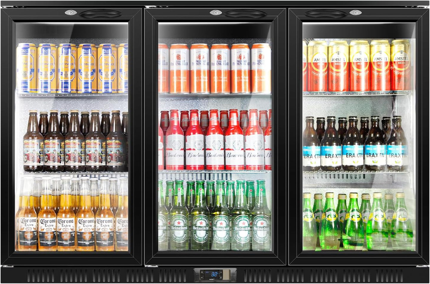 Tylza Back Bar Cooler With 3 Glass Doors, 312L Under Counter Back Bar Refrigerator with LED Lighting, Safety Locks, Counter Height Bar Beverage Cooler for Beer, Soda Drinks, Wine, Black