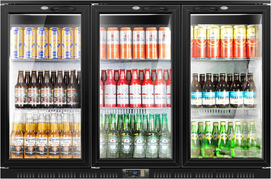 Tylza Back Bar Cooler With 3 Glass Doors, 312L Under Counter Back Bar Refrigerator with LED Lighting, Safety Locks, Counter Height Bar Beverage Cooler for Beer, Soda Drinks, Wine, Black