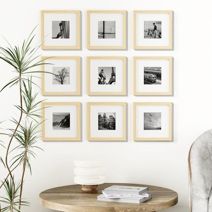 Vittanly 8x8 Picture Frames Set of 9, Shatter Resistant Plexiglass, Display 4x4 Pictures with Mat or 8x8 without Mat, Photo Frames for Wall Mount, Engineered Wood, OAK