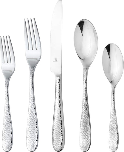 Hammered Silverware Set | Premium 18/10 Stainless Steel Flatware Service for 8 | Heavy-Duty & Dishwasher Safe | Built to Last (40-Piece, Fidenza Hammered)