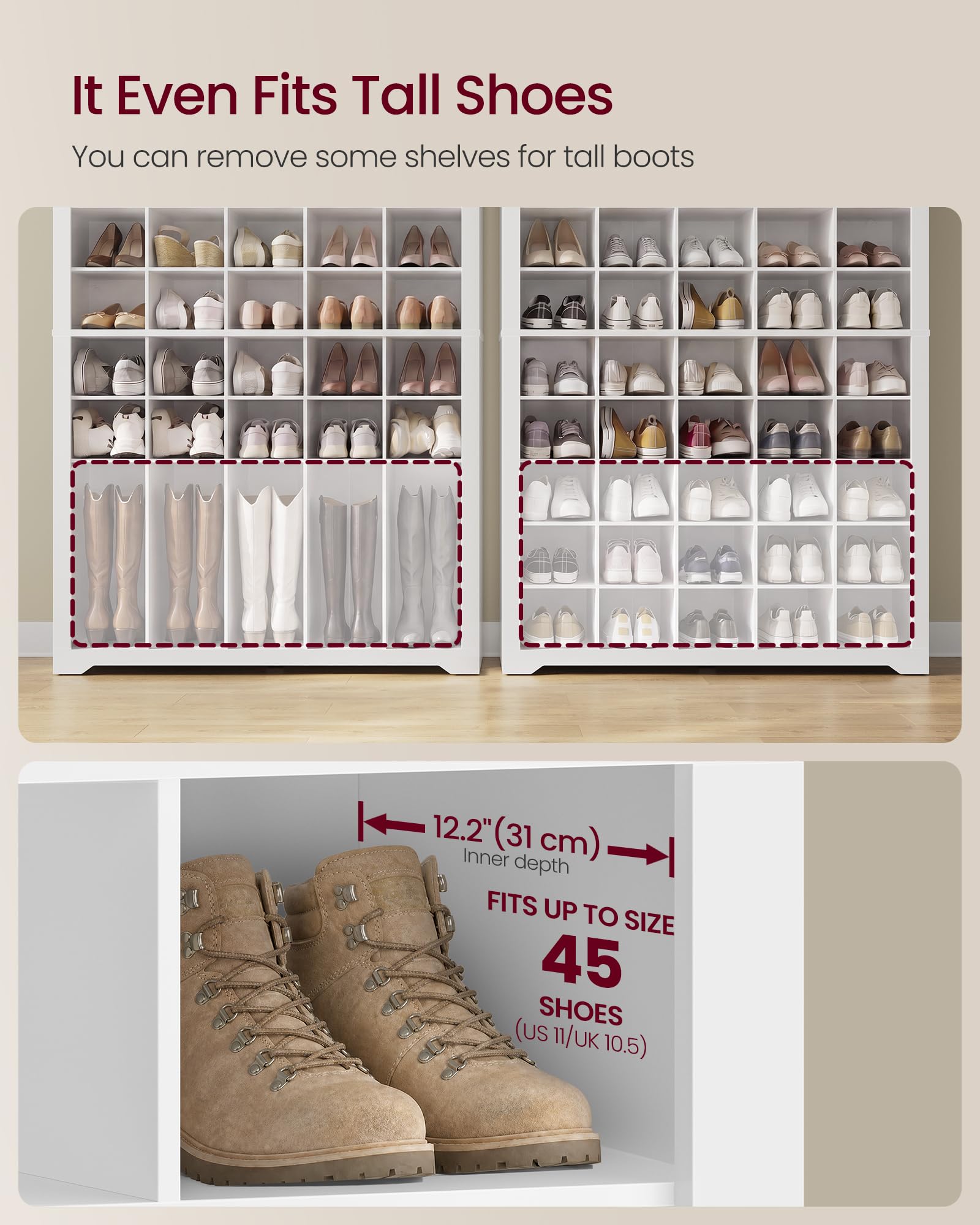 VASAGLE Tall Shoe Cabinet, Farmhouse Shoe Storage Organizer for Entryway, Vertical Wood Rack Holds