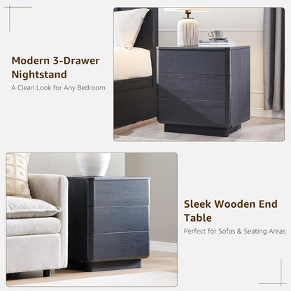 JXQTLINGMU 22" Modern Nightstand with Charging Station, Large Push-to-Open End Table, Wood Bedside Table w/Curved Profile Design, Handleless 3 Drawer Night Stand for Bedroom, Living Room, Black