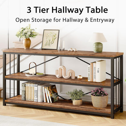 LVB Rustic Entryway Table, Industrial Extra Long Hallway Sofa Table, Wood Metal Narrow Console Table with Storage Shelf, Modern Skinny Couch Table for Foyer Living Room Bedroom, Rustic Brown, 70 Inch