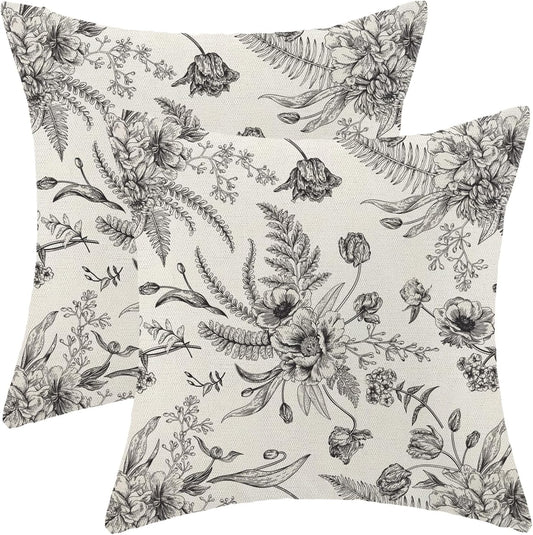 CXMEIFLY Spring Floral Leaves Pillow Covers 16 x 16 Inch Set of 2 for Chinoiserie Flowers Decor Throw Pillows Black and White Seasonal Plant Outdoor Decorative Cushion Cases for Couch Bed Decorations