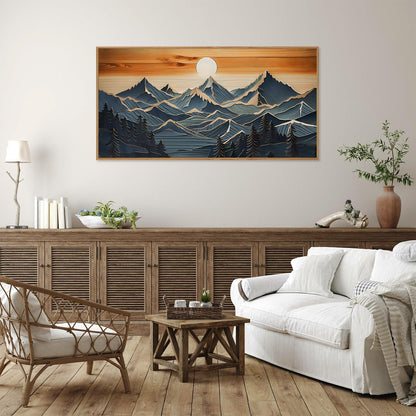 Tinonedraw Metal Mountain Framed Canvas Wall Art, Boho Mountains Forest Artworks, Mid Century Modern Blue Ridge Wall Decor, Vintage Nature Sunset Art Print for Living Room Bedroom Office 20"x40"