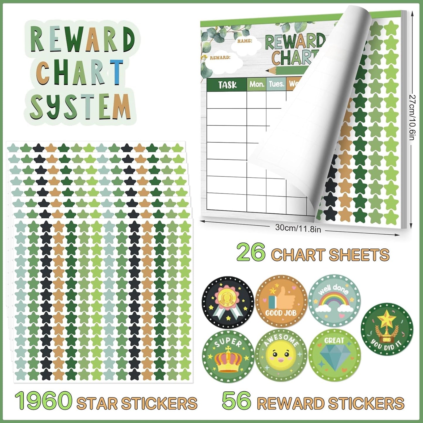 Reward Chart for Kids,Magnetic Behavior Chore Chart for Kids at Home,26 Eucalyptus Chore Charts,1960 Star Stickers,56 Reward Stickers,Incentive Chart to Develop Responsibility and Good Habits,Greenery