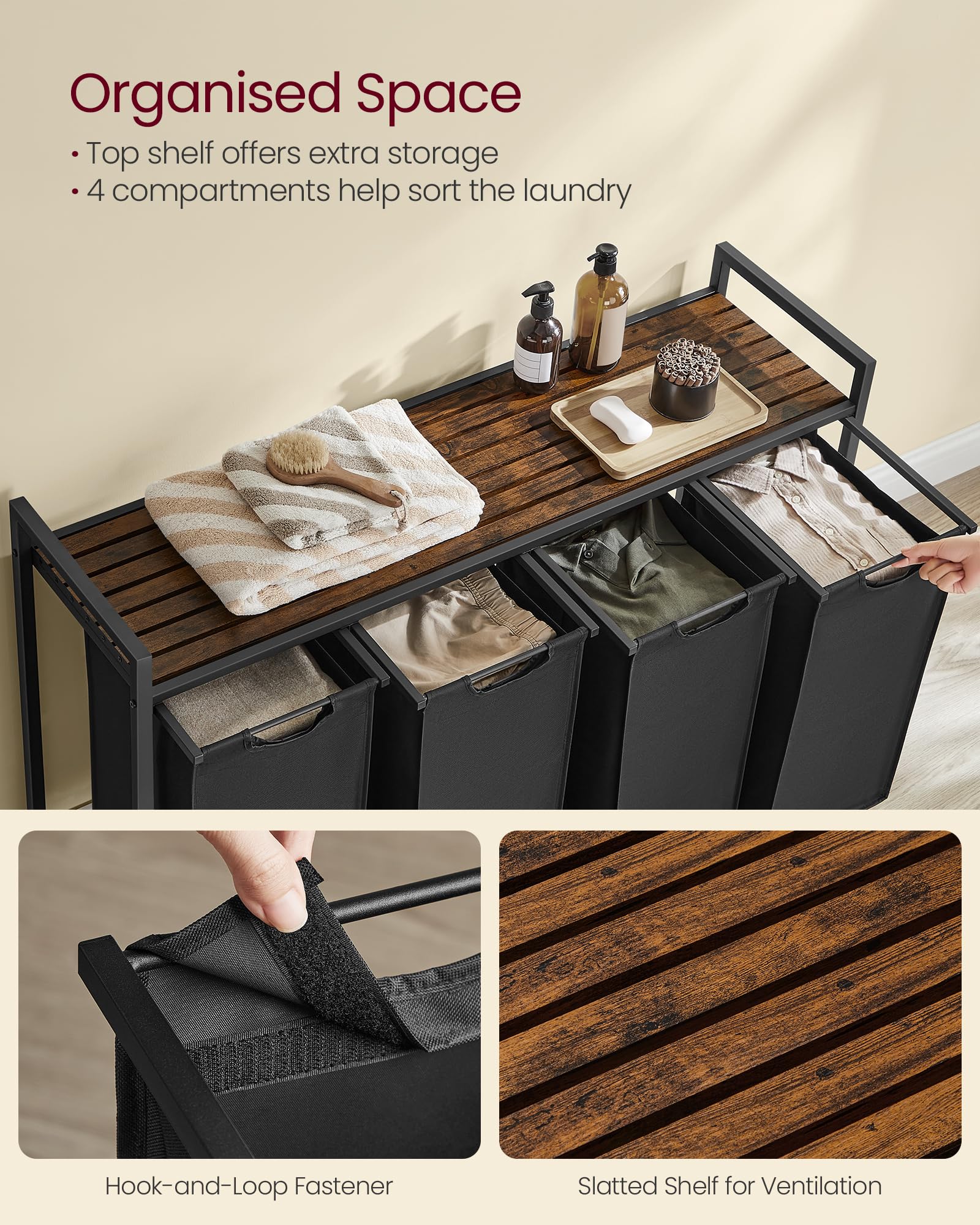VASAGLE Laundry Hamper, Laundry Basket, Laundry Sorter with 4 Pull-Out and Removable Bags, Shelf