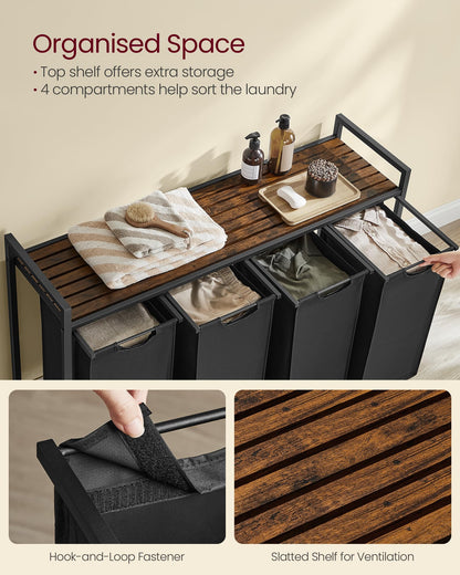 VASAGLE Laundry Hamper, Laundry Basket, Laundry Sorter with 4 Pull-Out and Removable Bags, Shelf