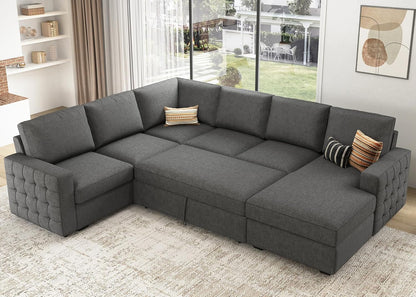 HONBAY Sectional Sleeper Sofa with Pull Out Bed U-Shape Sectional Couch Sleeper Bed with Storage Chaise 6 Seater, Light Grey