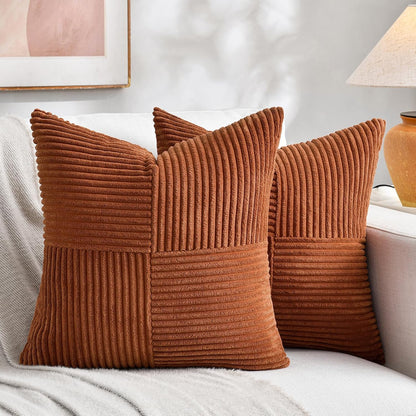 Fancy Homi 2 Packs Rust Big Decorative Throw Pillow Covers 24x24 Inch for Living Room Couch Bed, Rustic Farmhouse Boho Home Decor, Soft Corss Corduroy Patchwork Square Terracotta Cushion Case 60x60 cm