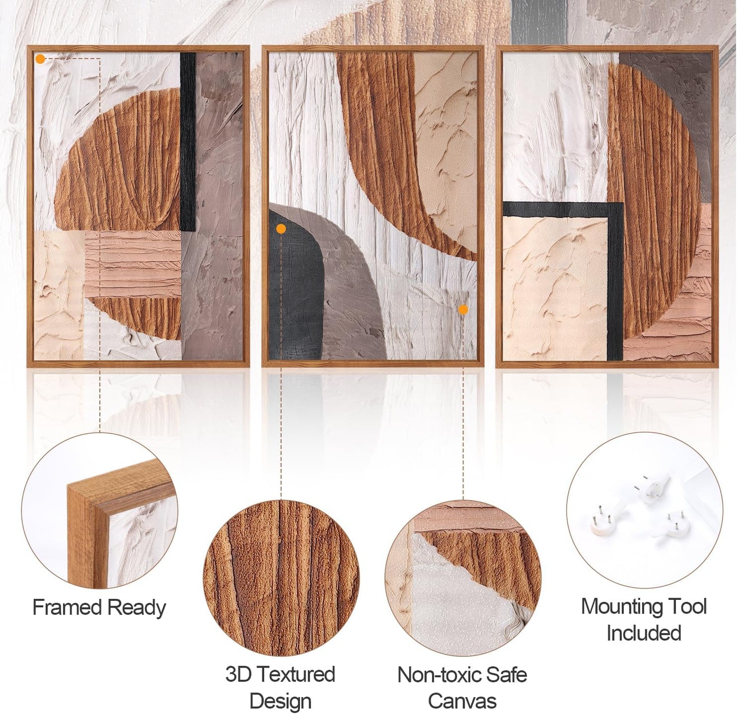 Aurlan Neutral Abstract Oval Rectangular Framed Wall Art(16"x24"), 3 PCS Minimalist Black Beige Brown Gray 3D Textured Canvas Artwork, Large Modern Geometric Illustration Art Wall Decor for Office Living Room Bedroom