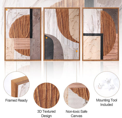 Aurlan Neutral Abstract Oval Rectangular Framed Wall Art(16"x24"), 3 PCS Minimalist Black Beige Brown Gray 3D Textured Canvas Artwork, Large Modern Geometric Illustration Art Wall Decor for Office Living Room Bedroom