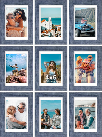 Vittanly 4x6 Picture Frames Set of 9, Shatter Resistant Plexiglass, Display 3.5x5 Pictures with Mat or 4x6 without Mat, Photo Frames for Wall or Tabletop, Engineered Wood, Navy