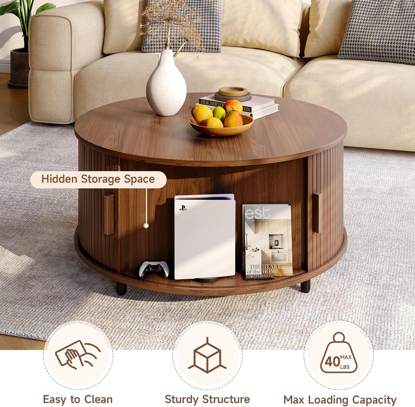 Round Coffee Table with Storage, 31.5" Modern Coffee Table with 360° Curved Sliding Door, Fluted Wood Accent Coffee Table with Adjustable Footpads, Round Center Table for Living Room, Walnut