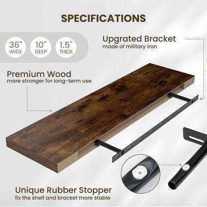 Fun Memories Floating Shelves for Wall 36 Inches, Wood Shelves with Invisible Bracket, 10" Deep Shelves Wall Mounted, Large Floating Shelves for Living Room Bathroom, Rustic Brown, Set of 2
