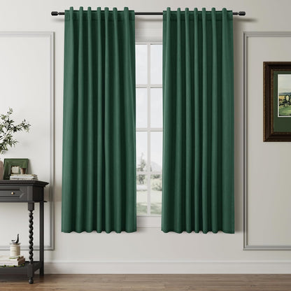 BOODII 63 Inch Blackout Curtains Green Linen Black Out Curtains for Bedroom 2 Panels Set Modern Room Darkening Curtain Thermal Insulated Curtain for Winter Window Drapes Back Tab 52x63