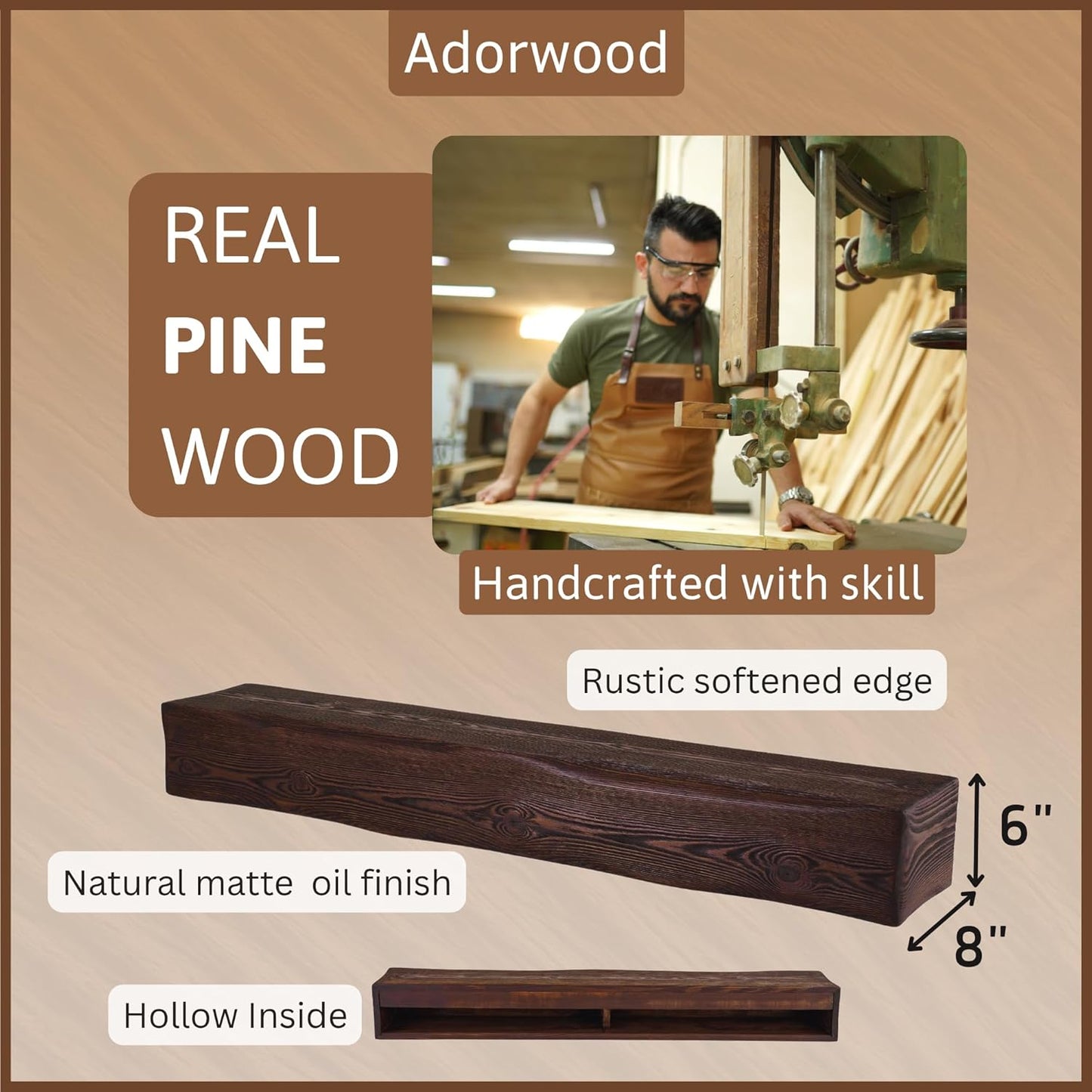 Handmade Fireplace Mantel Shelf 72", Extra Wide Rustic Wood Mantles for Over Fireplace, Wall Mounted Floating Mantel Shelves for Living Room Decor (Dark Walnut, 72Lx6Hx8D)