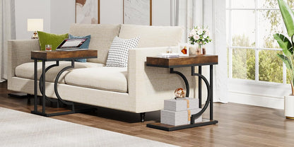 Tribesigns Side Table Set of 2 Narrow C Shaped End Table Modern Bedside Tables for Couch, Small Sofa Chairside Table with Metal Frame for Living Room (2, Brown+Black)