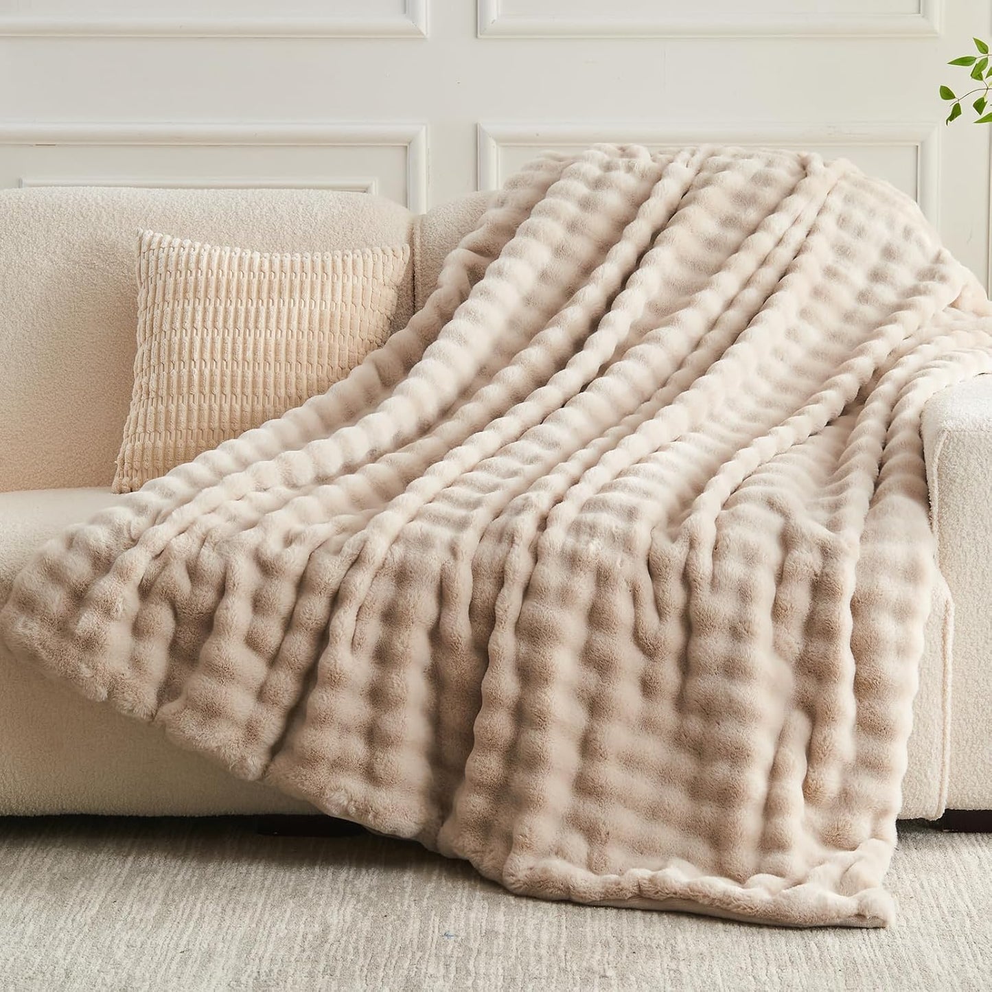 NEWCOSPLAY Faux Fur Twin Blanket Linen Bubble Blanket Thick Warm Soft for Couch Sofa Bed 550GSM (Linen, Twin(60"x80"))