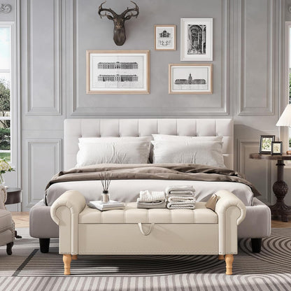 Apicizon 51”Storage Ottoman Bench, Soft Faux Leather Indoor Bench with Rolled Arm and Vintage Rivets, Large Storage Chest for Bedroom, Living Room, Entryway，Beige+Natural Legs
