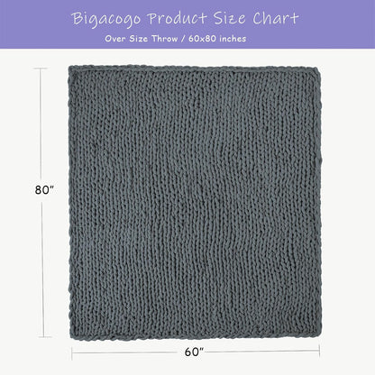 Bigacogo Chunky Knit Throw Blanket for Couch, 60x80 inches, 100% Hand Knitted with Thick Jumbo Chenille Yarn, Cozy Soft Large Rope Knot Cable Crochet Blankets for Sofa Bed Living Room, Iron Gray