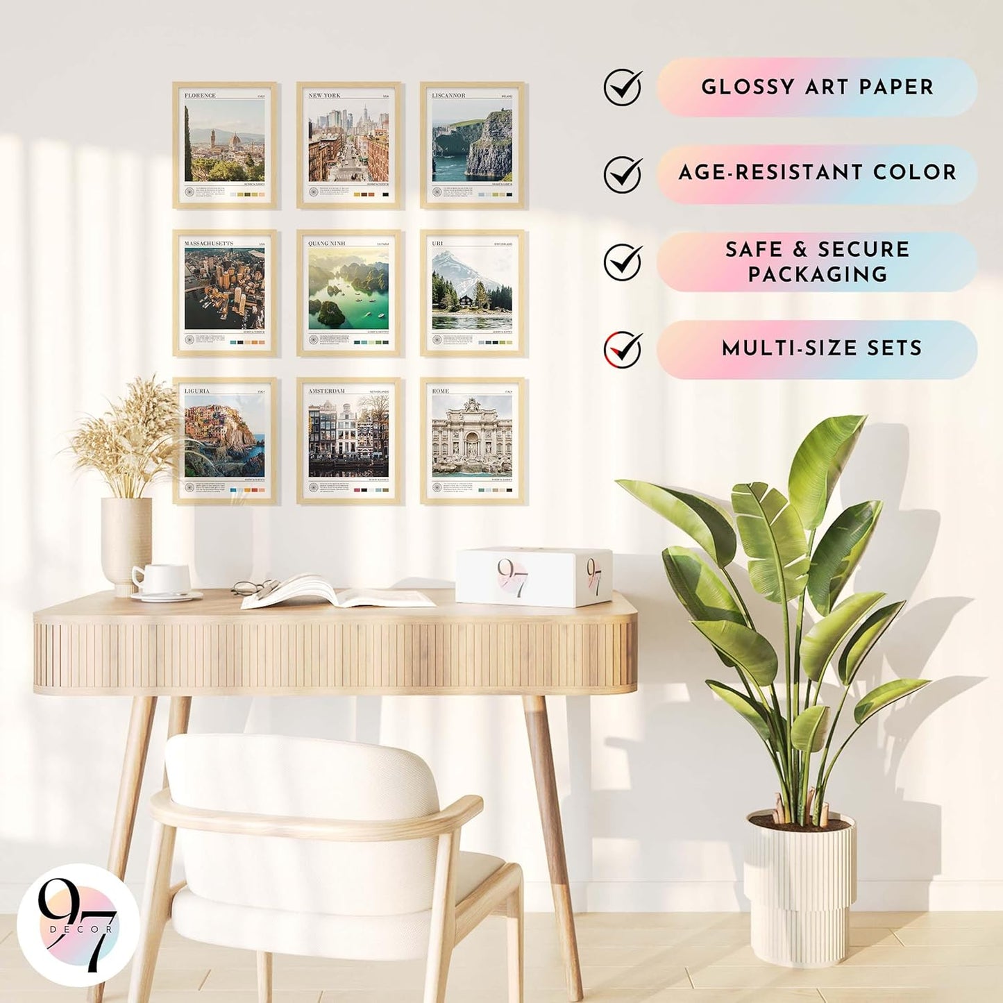 97 Decor Vintage Travel Wall Decor - Around World Travel Wall Art, Trendy City Wall Art Prints, Retro New York Europe Aesthetic Destination Pictures (8x10 Unframed)