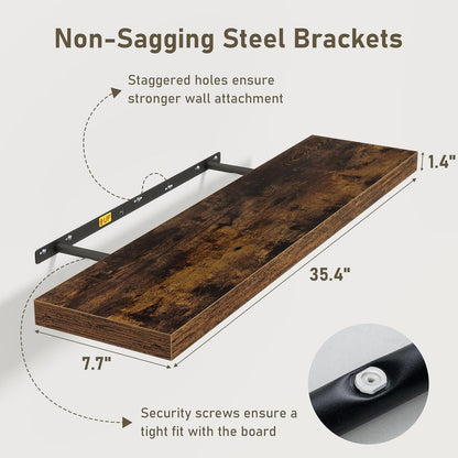 Fun Memories 36 x 8 Inch Floating Shelves for Wall, Farmhouse Bathroom Shelves Set of 2, Wood Wall Shelves 36 Inch Long, 36 x 8 x 1.4 Inch, Rustic Brown