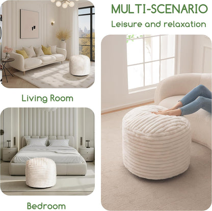 HIGOGOGO Round Stuffed Pouf Ottoman, Stripe Faux Fur Poufs with Foam Chunk Filling, Furry and Fluffy Pouf Foot Stool Storage Ottoman, 26 X 18 Floor Poufs Foot Rest for Living Room, Beige