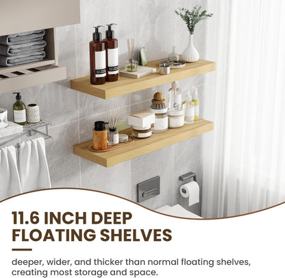 36 Inch Floating Shelves, 11.6 Inch Deep Floating Shelves for Wall, Floating Shelf with Invisible Brackets, Deep Shelves for Bathroom, Bedroom, Living Room, 2 Pack, Natural