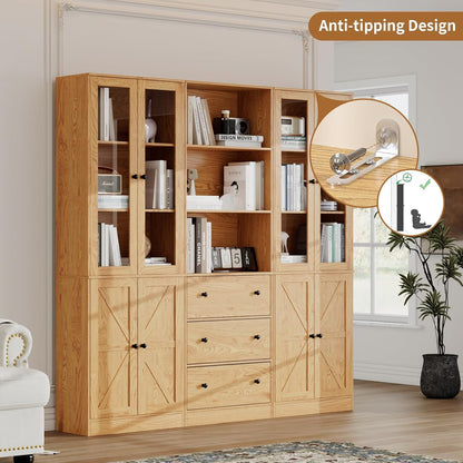 71" Tall Bookshelves Set of 3, 1 Bookcase with Drawers & 2 Bookshelves with Doors, Wooden Floor Standing Display Storage Shelves for Home Office, Living Room