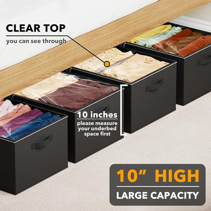 SpaceAid 4 Pack 10" High Under Bed Storage Containers, Large Underbed Storage Organizer Bins with Lids for Bedroom, Dorm, Clothes, Closet Organization, Bed Sheets and Blankets (Black)