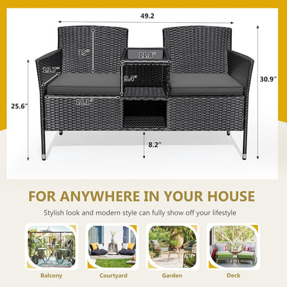 Flamaker Outdoor Furniture Patio Loveseat Wicker 2-Seat with Built-in Table and Cushions Rattan Porch Chairs Bench for Balcony, Lawn, Backyard (Grey)