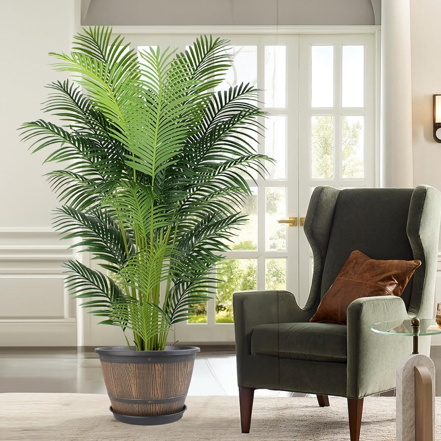 16-inch-Plant-Pots-Indoor-Outdoor, 4 Pack Large Whiskey Barrel Planters with Drainage Holes & Saucer, Plastic Flower Pots Imitation Wine Barrel Design, Decorative Garden Pots for Plants