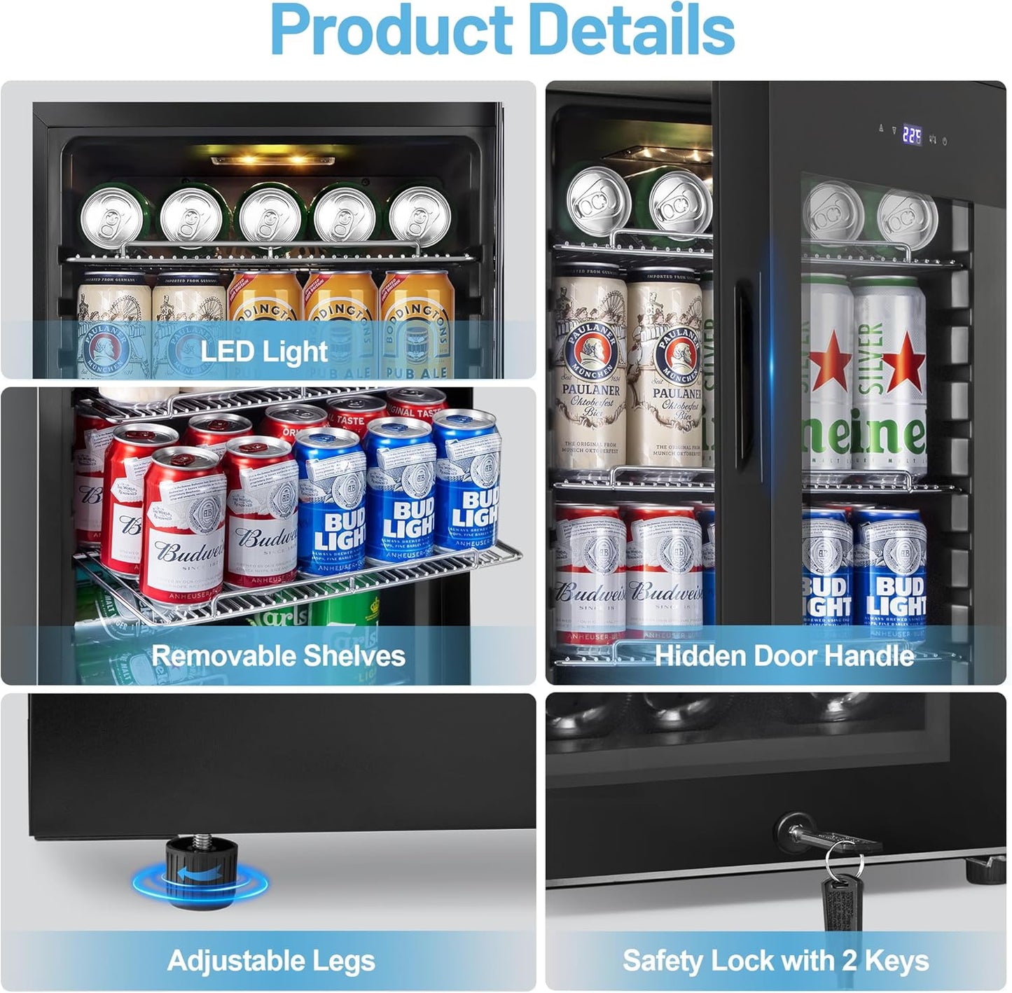 Beverage Refrigerator Cooler, 17 Inch 120 Cans Freestanding Mini Fridge with Glass Door, Adjustable Shelves and LED Light, Small Drink Fridge Counter-top Beer Fridge for Bedroom Office Bar