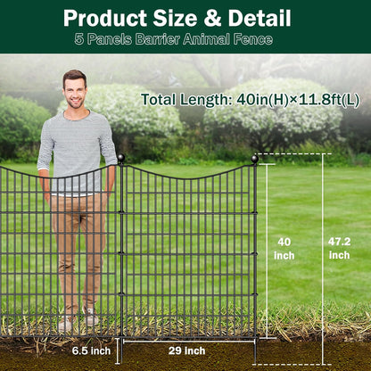 5 Panels No Dig Dog Fence Outdoor for Yard, 40 in(H) X 12 ft(L) Decorative Tall Garden Fence Animal Barrier, Rustproof Metal Wire Garden Edging and Borders, Temporary Fencing Stakes